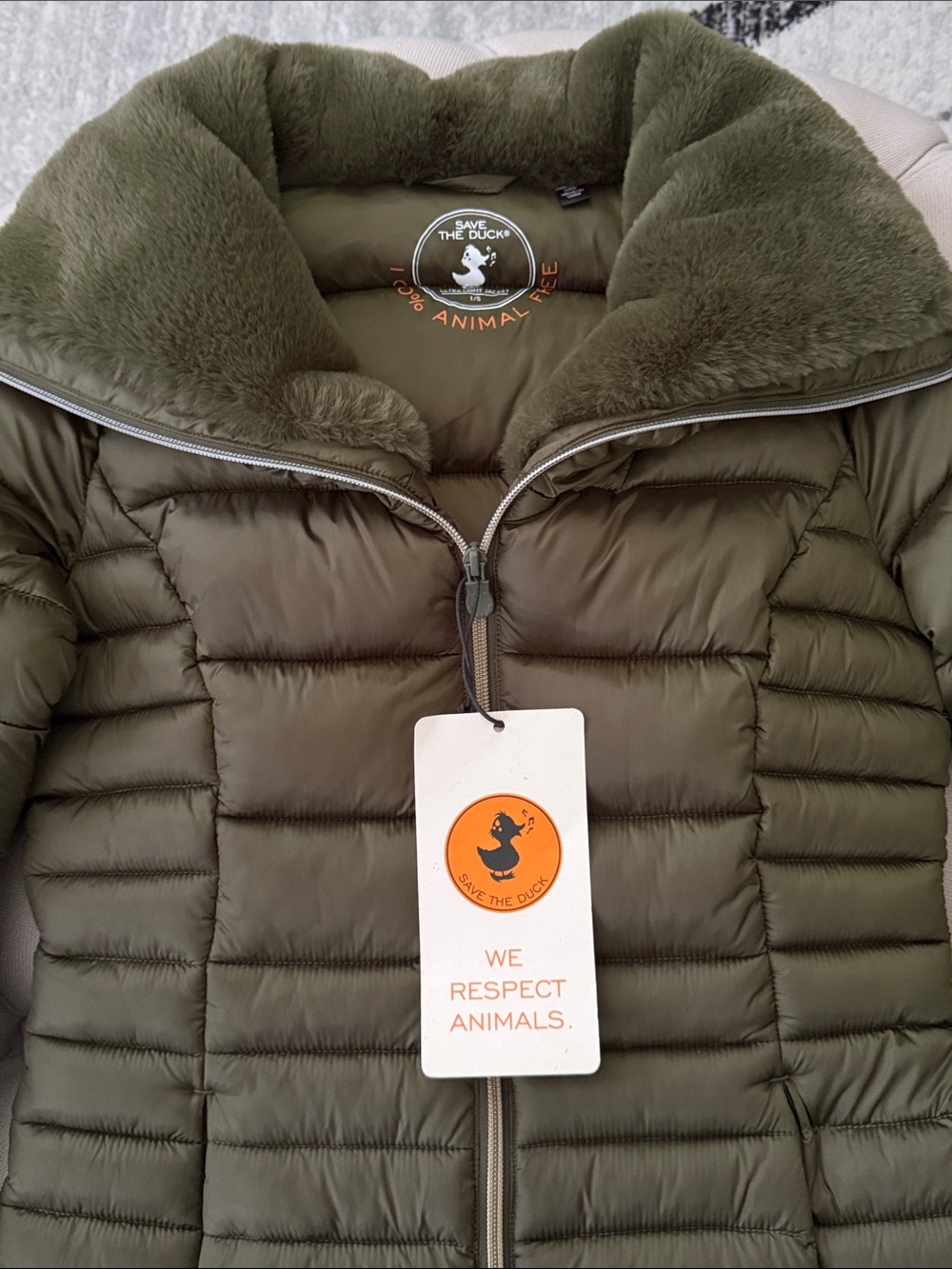 SAVE THE DUCK Women’s Olive Green Quilted Puffer with Faux-Fur Collar